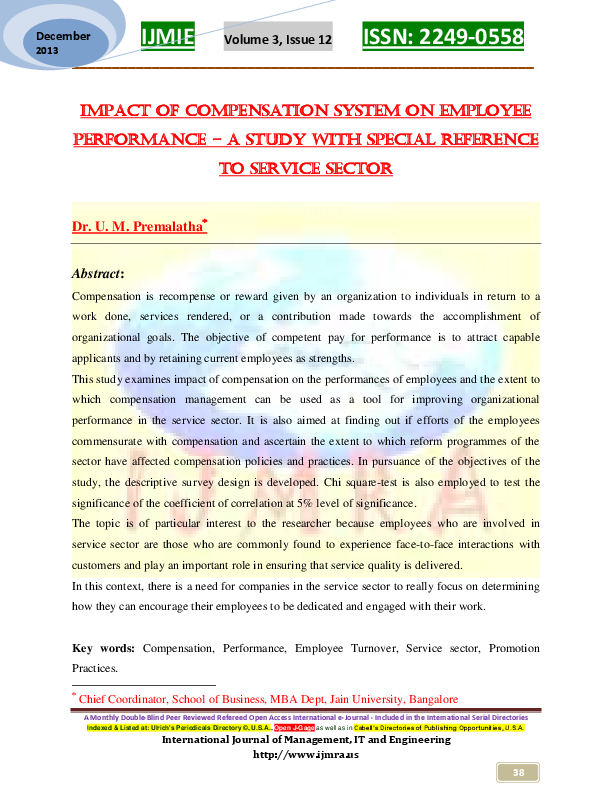 (PDF) Impact of Compensation system on employee performance – A study ...