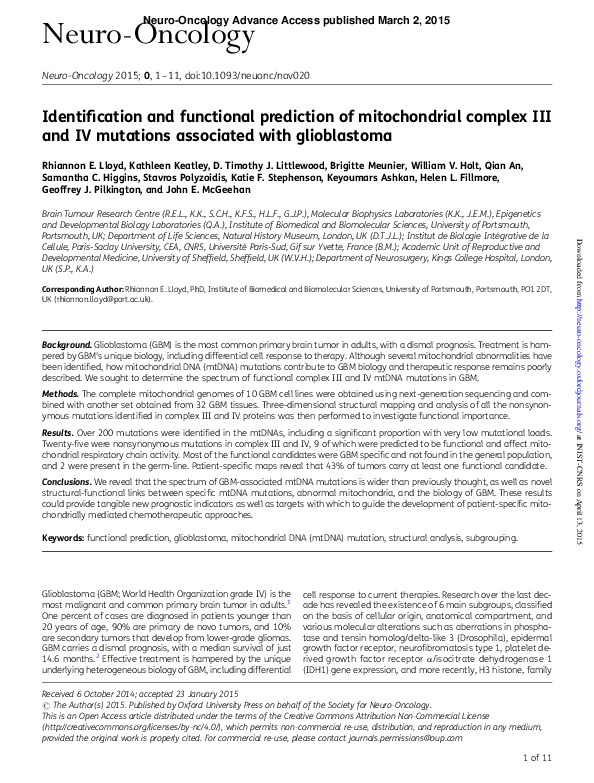 (PDF) Identification and functional prediction of mitochondrial complex ...