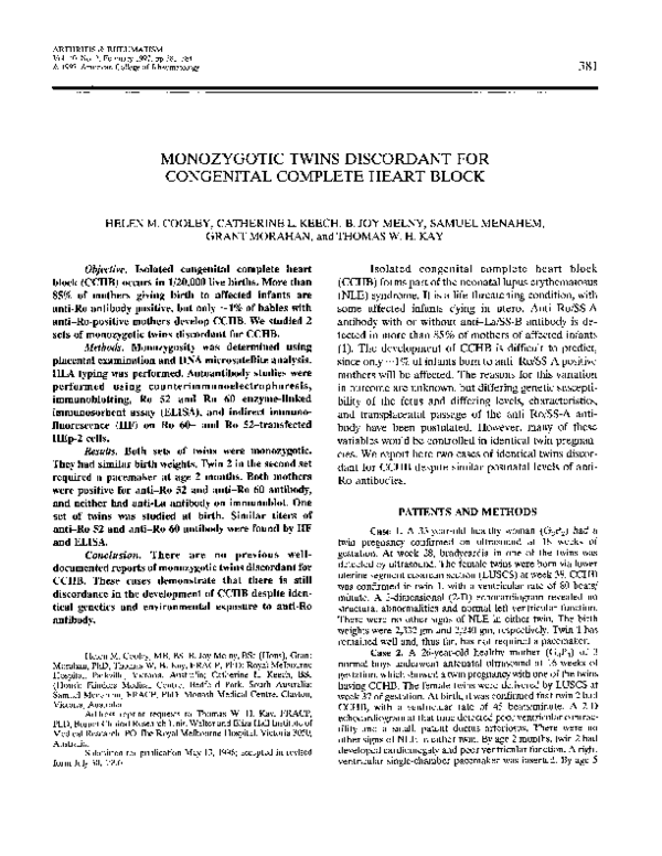 (PDF) Monozygotic twins discordant for congenital complete heart block