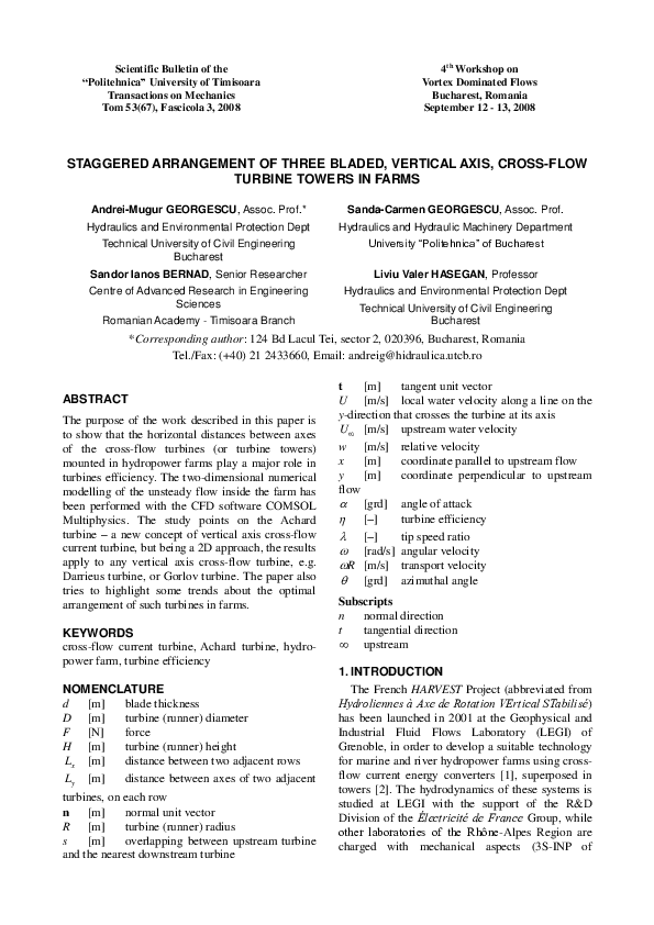 (PDF) Staggered arrangement of three bladed, vertical axis, crossflow