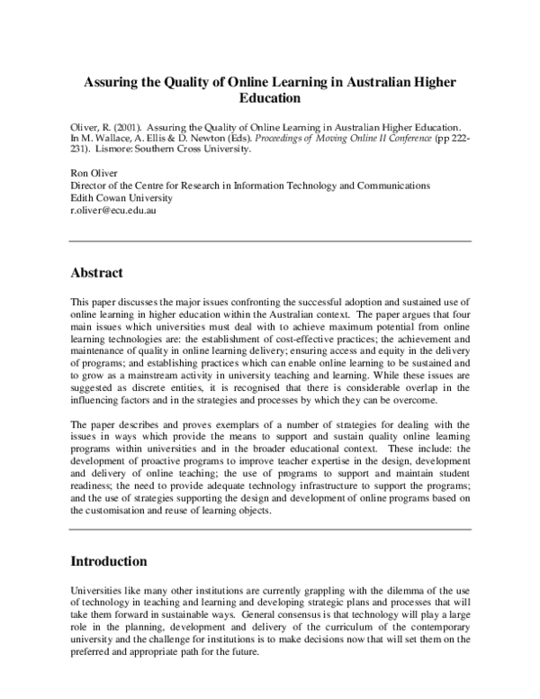 (PDF) Assuring the quality of online learning in Australian higher ...