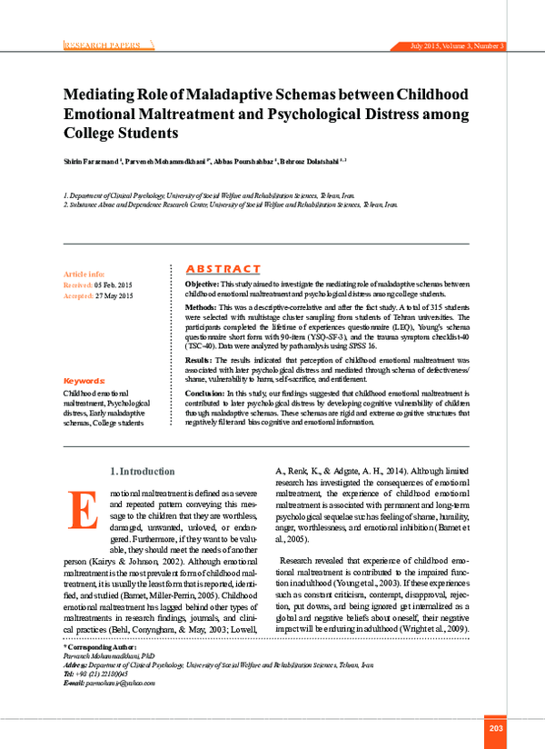 (PDF) Mediating Role of Maladaptive Schemas between Childhood Emotional ...