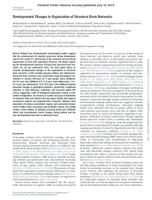 (PDF) Developmental Changes in Organization of Structural Brain Networks