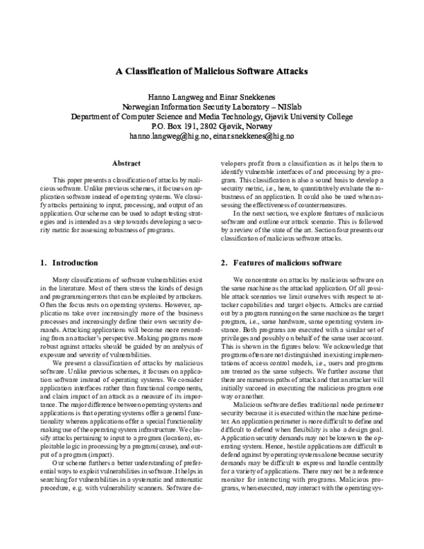 (PDF) A classification of malicious software attacks