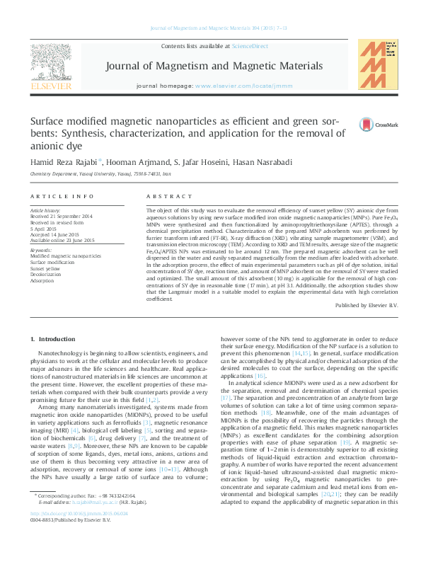 (PDF) Surface modified magnetic nanoparticles as efficient and green ...