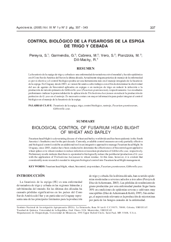 (PDF) Control biológico de la fusariosis de la espiga de trigo y cebada