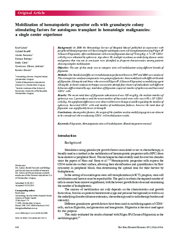 (PDF) Mobilization of hematopoietic progenitor cells with granulocyte ...