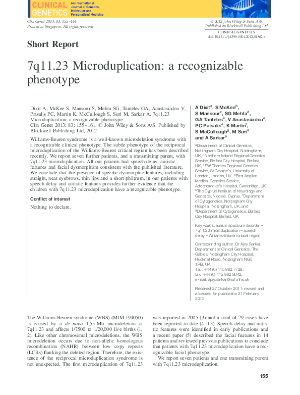 (PDF) 7q11.23 Microduplication: a recognizable phenotype