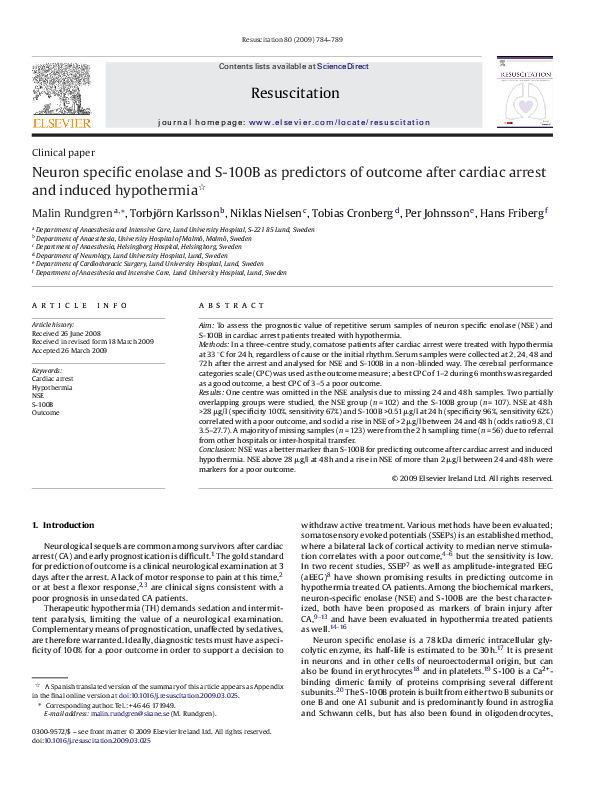 (PDF) Neuron specific enolase and S-100B as predictors of outcome after ...