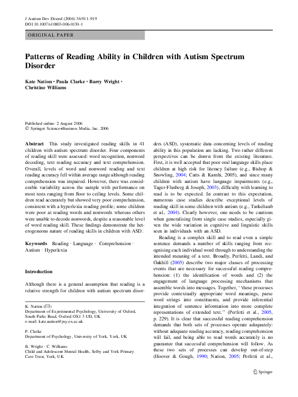 (PDF) Patterns of reading ability in children with autism spectrum disorder