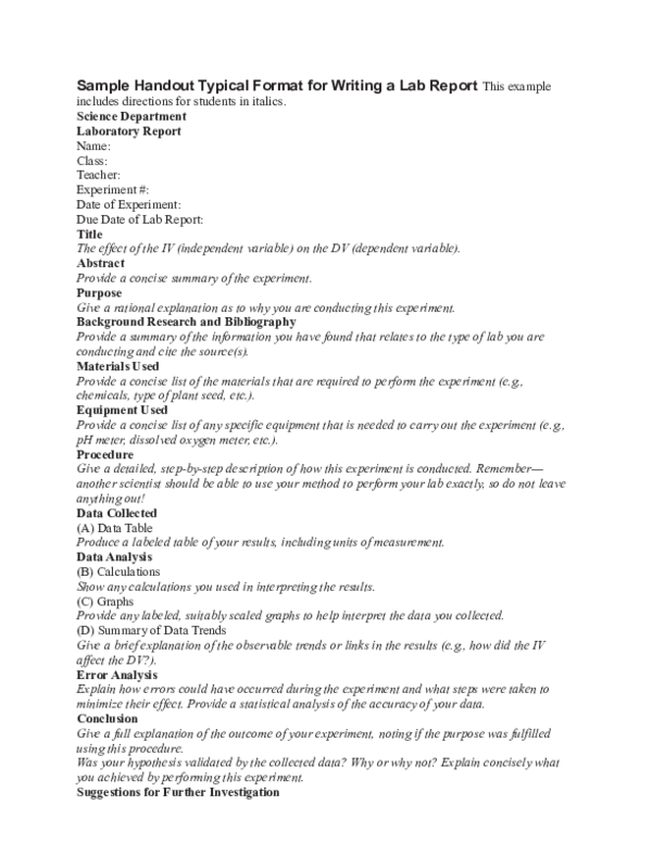 (DOC) Sample Handout Typical Format for Writing a Lab Report This example