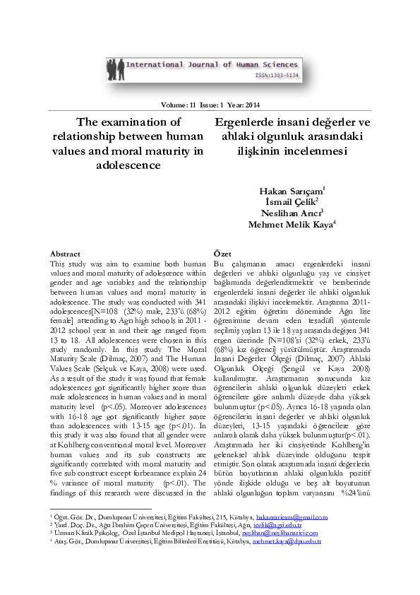 (PDF) The examination of relationship between human values and moral ...