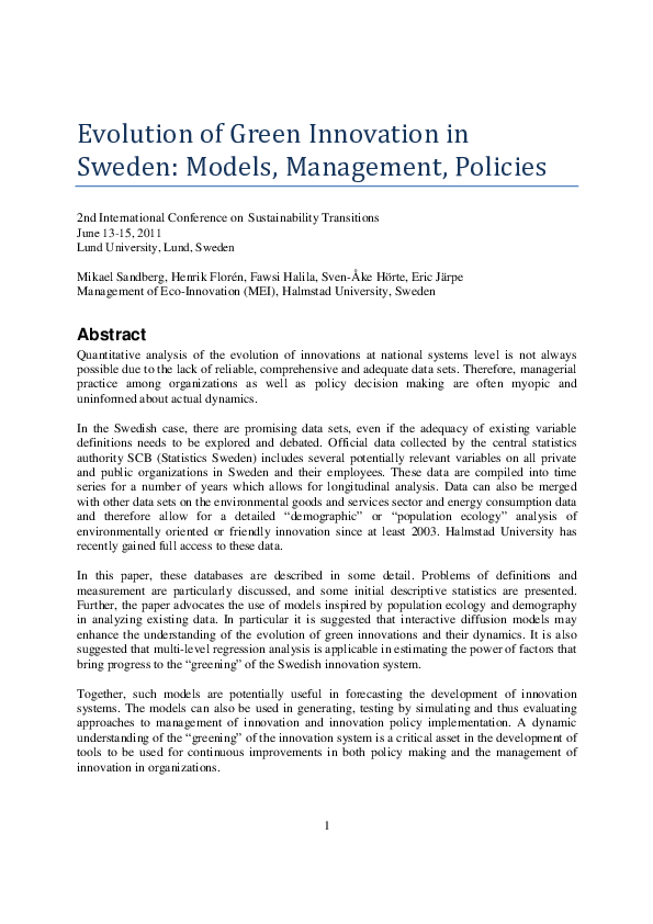 (PDF) Evolution of Green Innovation in Sweden: models, management, policies