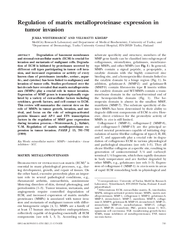 (PDF) Regulation of matrix metalloproteinase expression in tumor invasion