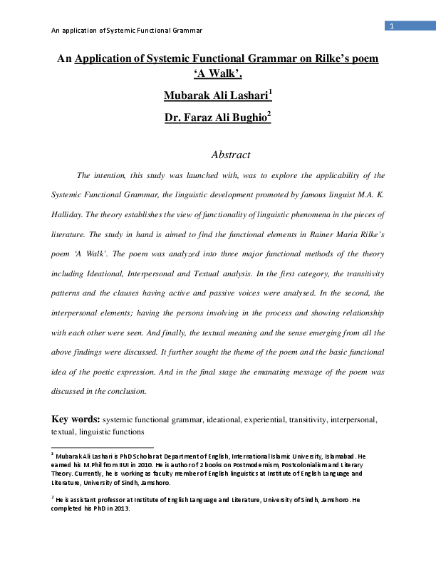 (PDF) An Application of Systemic Functional Grammar on Rilke’s poem ‘A ...