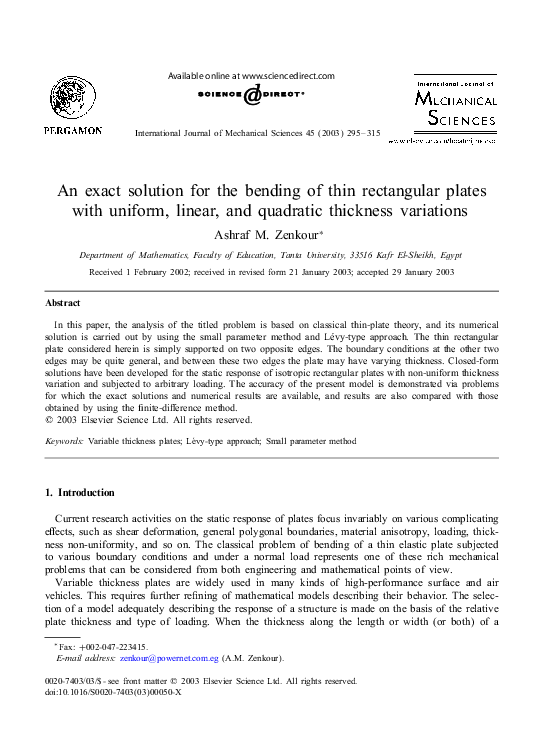(PDF) An exact solution for the bending of thin rectangular plates with ...