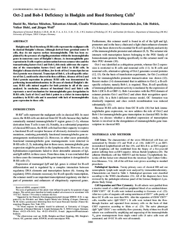 (PDF) Oct-2 and Bob-1 deficiency in Hodgkin and Reed Sternberg cells