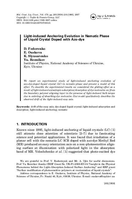 (PDF) Light-induced Anchoring Evolution in Nematic Phase of Liquid ...
