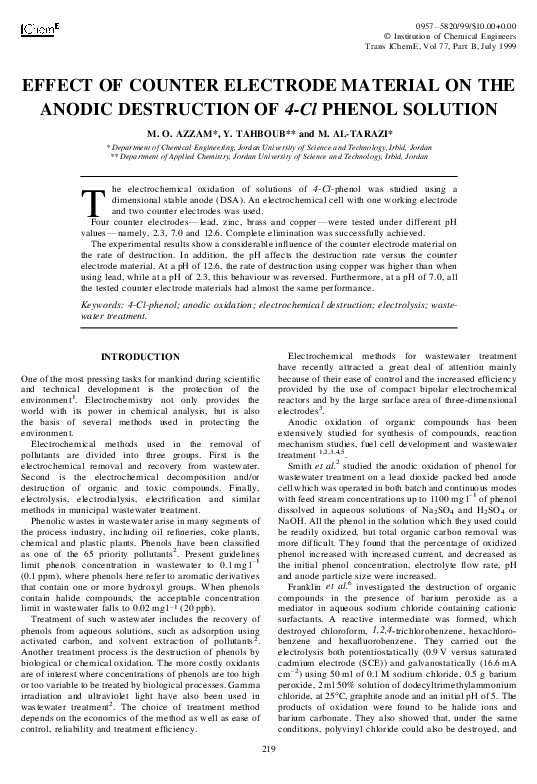 (PDF) Effect of Counter Electrode Material on the Anodic destruction of ...