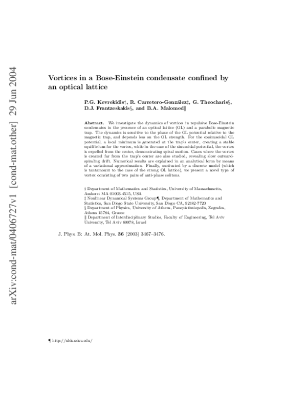 (PDF) Vortices in a Bose–Einstein condensate confined by an optical lattice