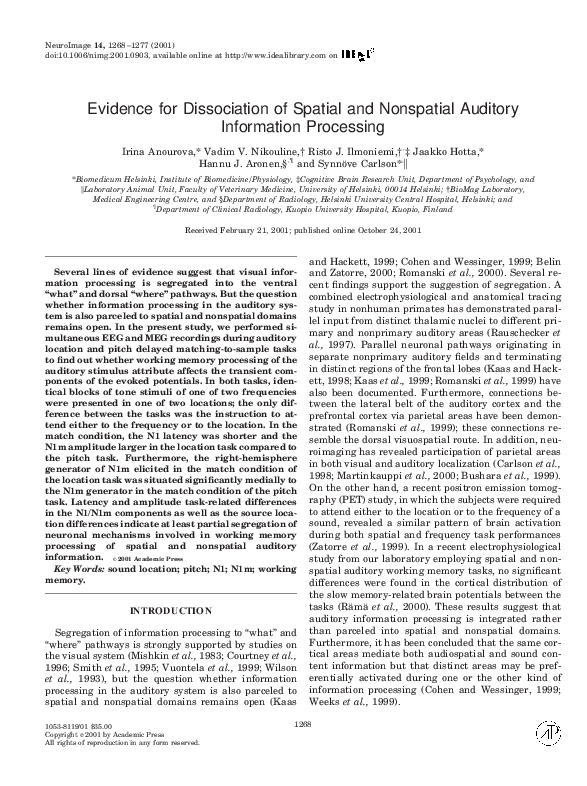 (PDF) Evidence for Dissociation of Spatial and Nonspatial Auditory ...