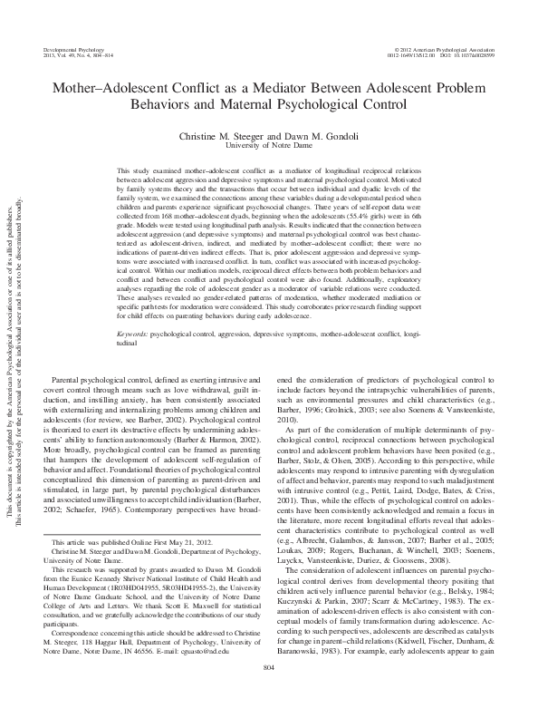 (PDF) Mother–adolescent conflict as a mediator between adolescent ...