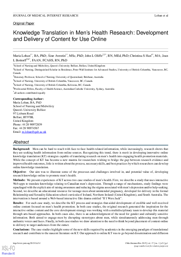 (PDF) Knowledge translation in men's health research: development and ...