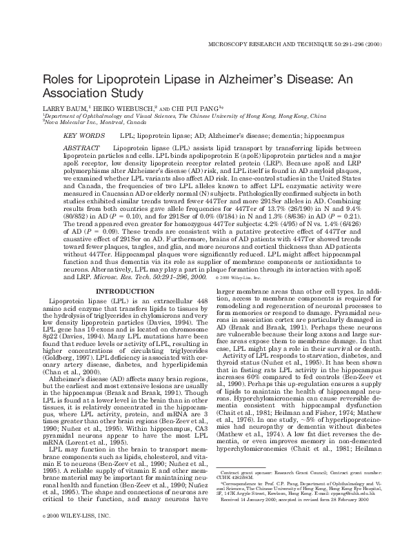 (PDF) Roles for lipoprotein lipase in Alzheimer's disease: An ...