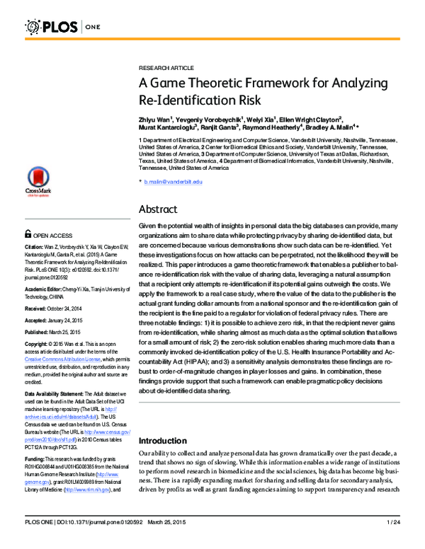 (PDF) A Game Theoretic Framework for Analyzing Re-Identification Risk
