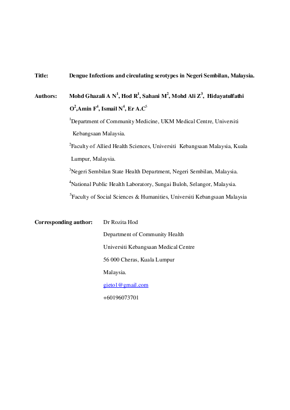 (PDF) Dengue Infections and circulating serotypes in Negeri Sembilan ...