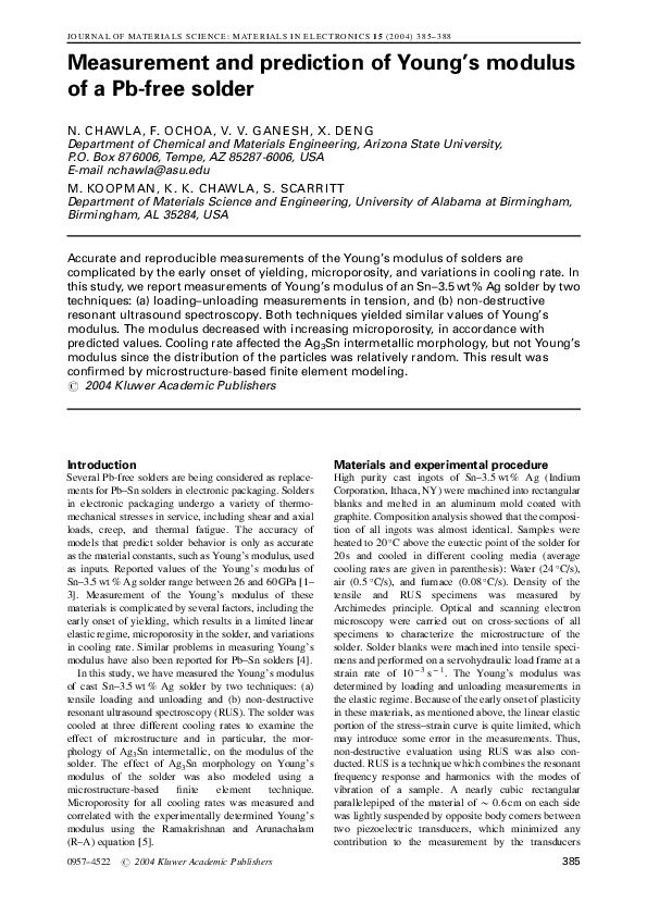 (PDF) Measurement and prediction of Young’s modulus of a Pbfree solder