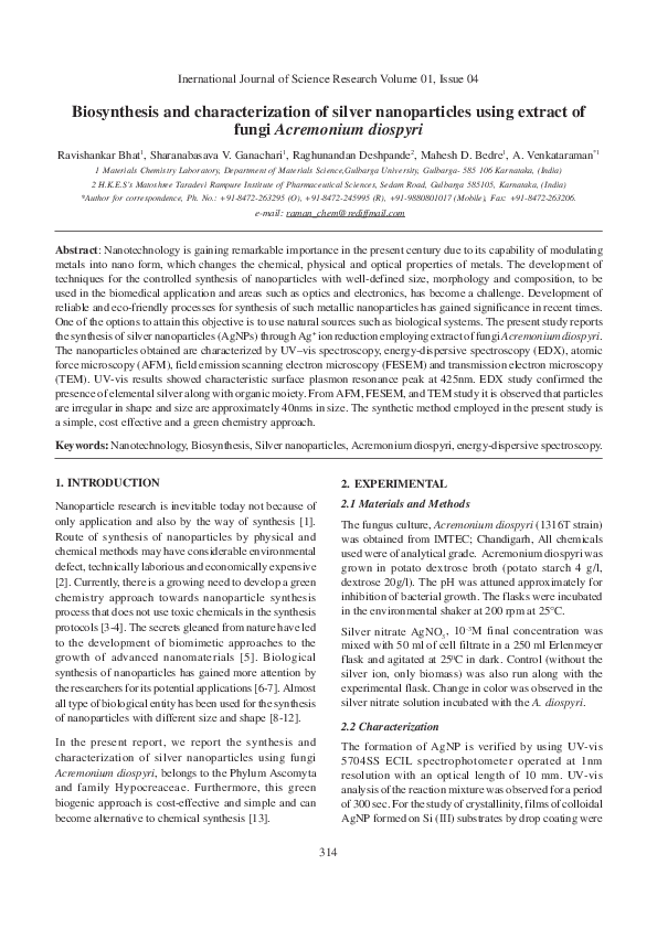 (PDF) BIOSYNTHESIS AND CHARACTERIZATION OF SILVER NANOPARTICLES USING ...