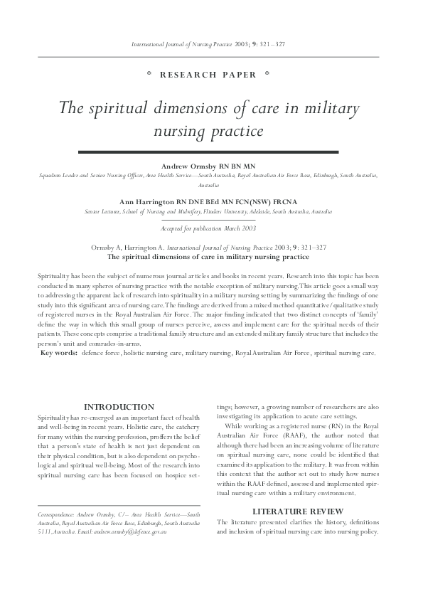 (PDF) The spiritual dimensions of care in military nursing practice