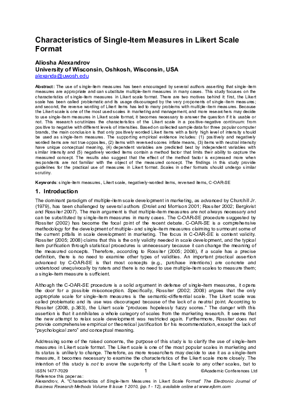(PDF) Characteristics of Single-Item Measures in Likert Scale Format