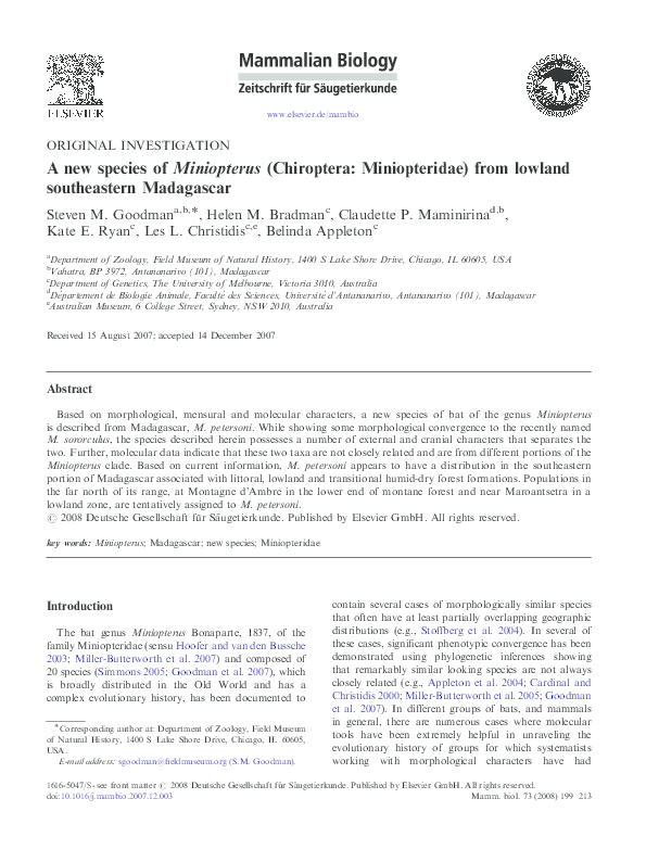(PDF) A new species of Miniopterus (Chiroptera: Miniopteridae) from ...