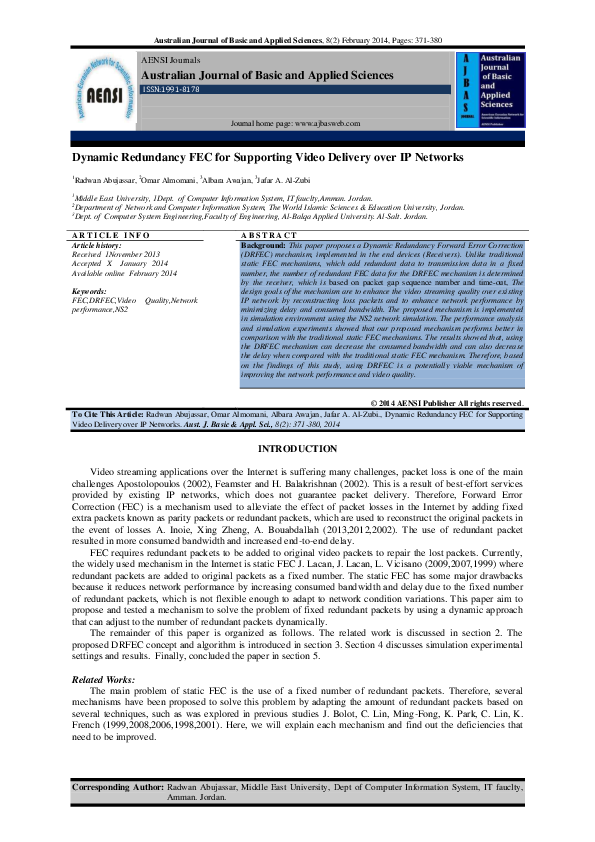 (PDF) Dynamic Redundancy FEC for Supporting Video Delivery over IP