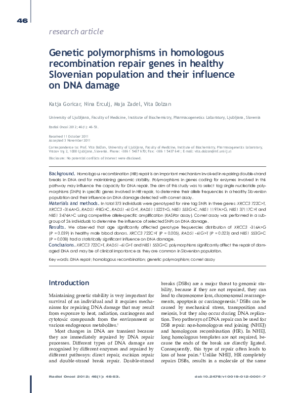 (PDF) Genetic polymorphisms in homologous recombination repair genes in ...