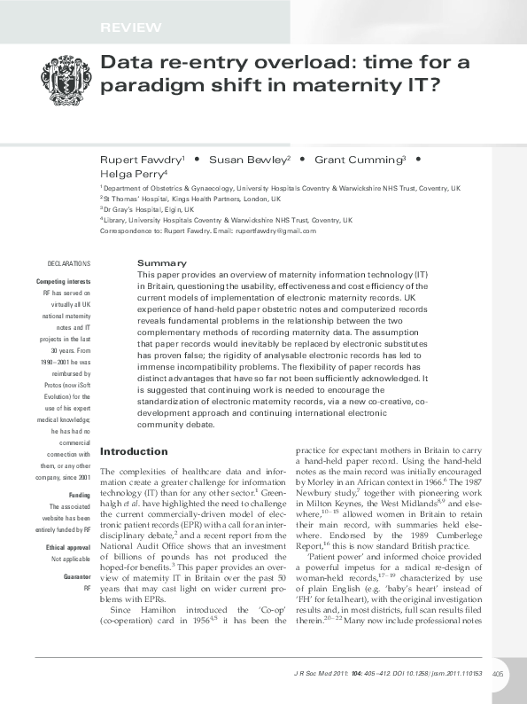 (PDF) Data re-entry overload: time for a paradigm shift in maternity IT?