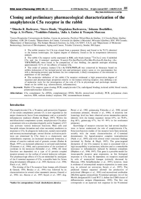 (PDF) Cloning and preliminary pharmacological characterization of the ...