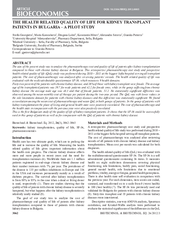 (PDF) THE HEALTH RELATED QUALITY OF LIFE FOR KIDNEY TRANSPLANT PATIENTS ...