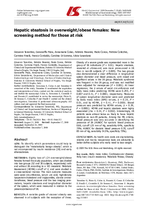 (PDF) Hepatic steatosis in overweight/obese females New screening