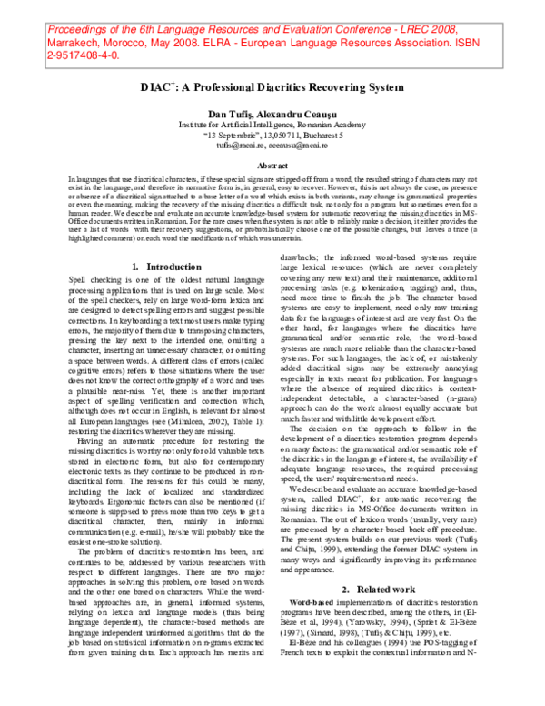 (PDF) DIAC+: A professional diacritics recovering system