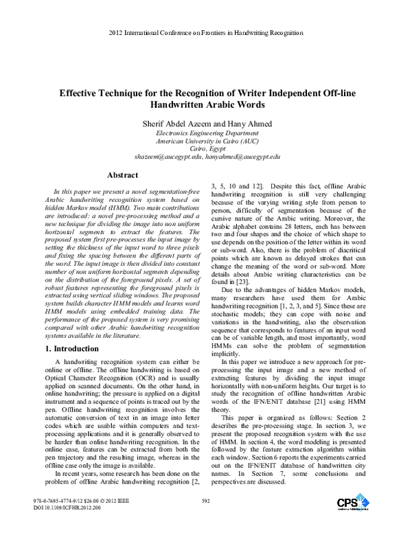 (PDF) Effective Technique for the Recognition of Writer Independent Off ...