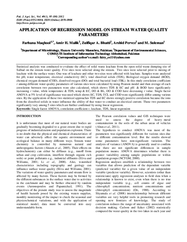 (PDF) Application of regression model on stream water quality parameters