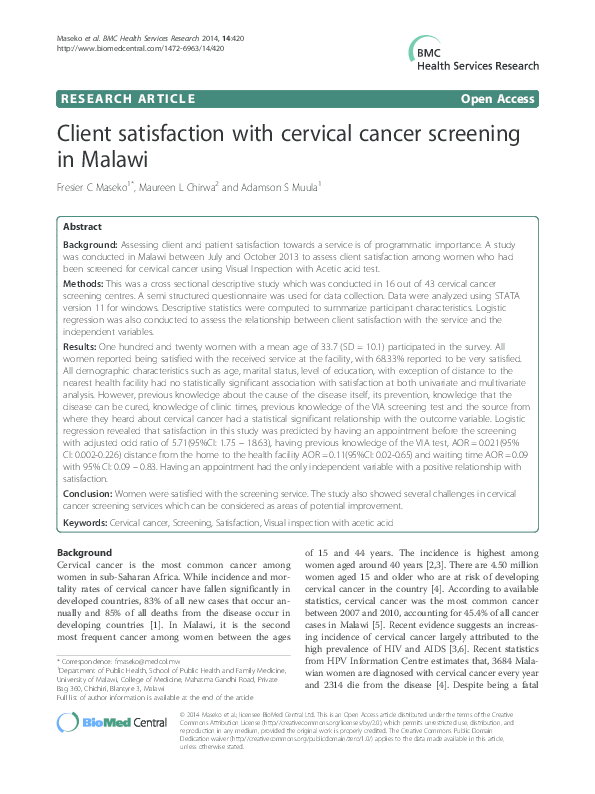 (PDF) Client satisfaction with cervical cancer screening in Malawi