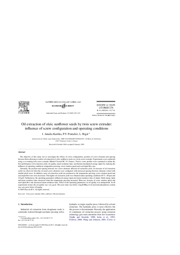 (PDF) Oil extraction of oleic sunflower seeds by twin screw extruder