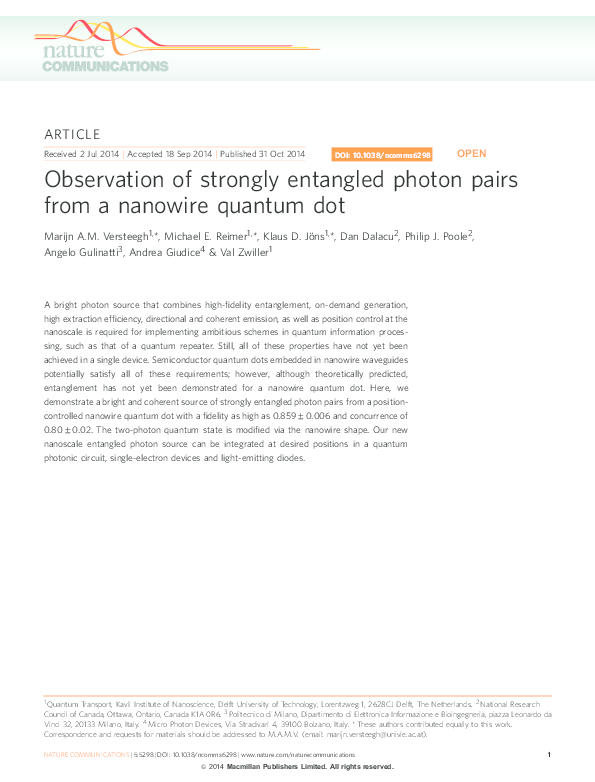 (PDF) Observation of strongly entangled photon pairs from a nanowire ...