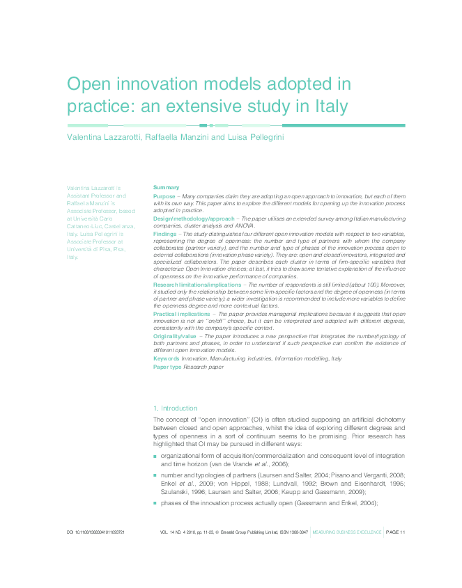 (PDF) Open innovation models adopted in practice: an extensive study in ...