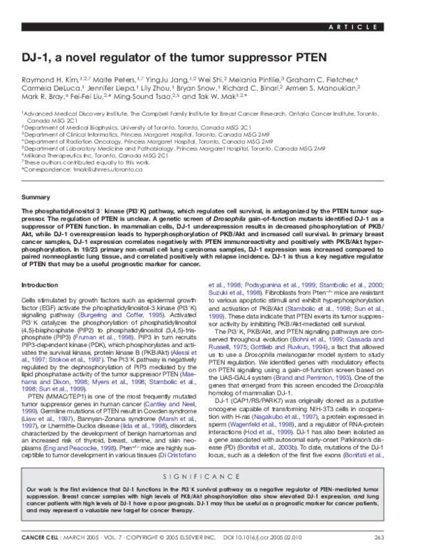 (PDF) DJ-1, a novel regulator of the tumor suppressor PTEN