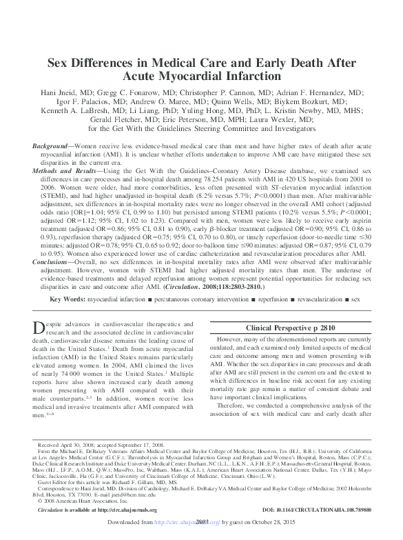 (PDF) Sex Differences in Medical Care and Early Death After Acute ...